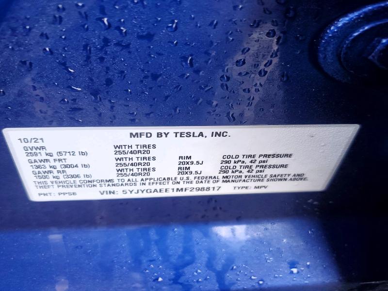 Aukcja sprzedaży 2021 Tesla Model Y, vin: 5YJYGAEE1MF298817, numer aukcji: 79995015