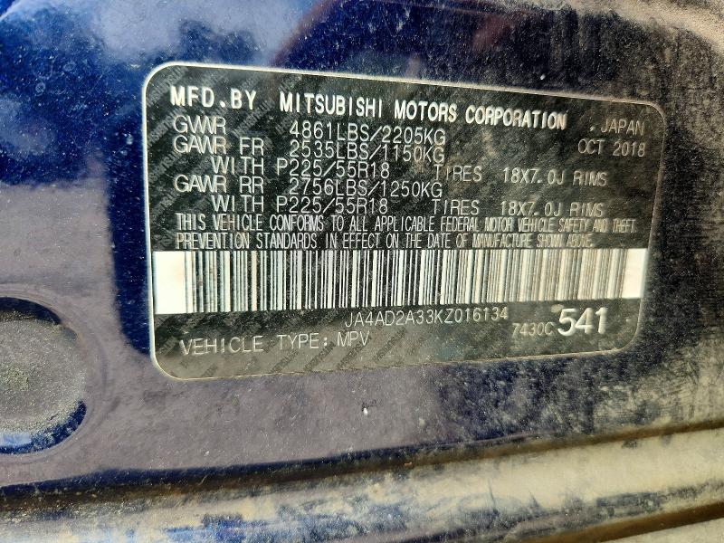 Aukcja sprzedaży 2019 Mitsubishi Outlander, vin: JA4AD2A33KZ016134, numer aukcji: 45867886