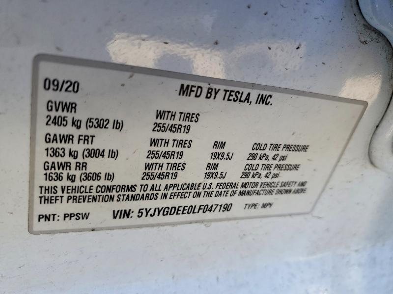 46727226 :رقم المزاد ، 5YJYGDEE0LF047190 vin ، 2020 Tesla Model Y مزاد بيع