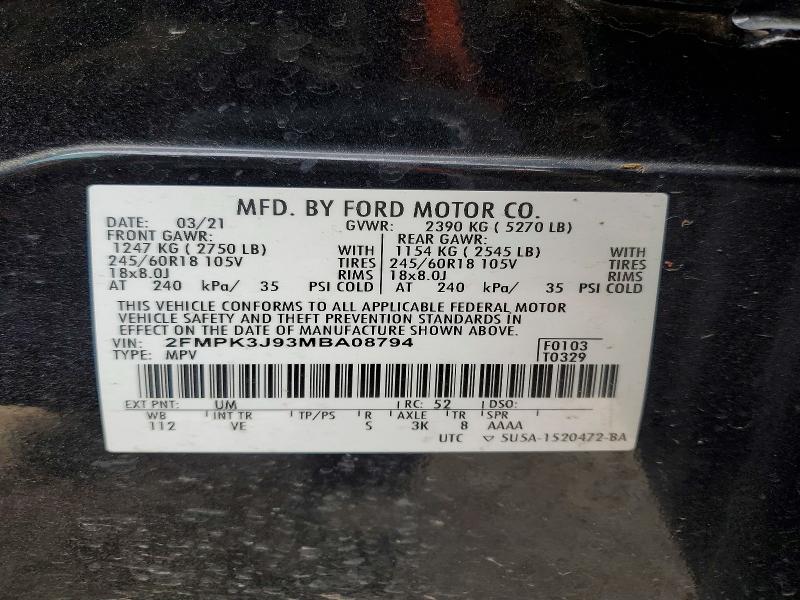 46497236 :رقم المزاد ، 2FMPK3J93MBA08794 vin ، 2021 Ford Edge مزاد بيع
