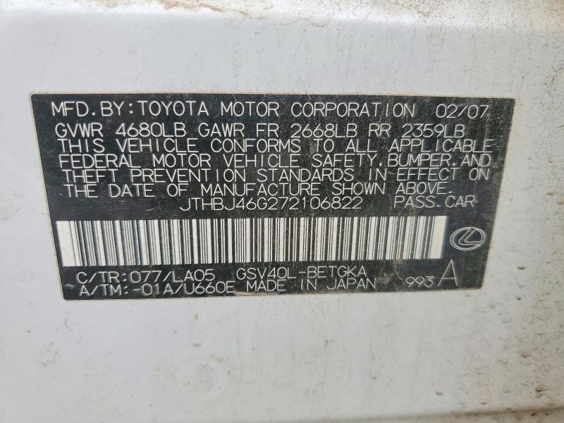 47885126 :رقم المزاد ، JTHBJ46G272106822 vin ، 2007 Lexus Es 350 مزاد بيع