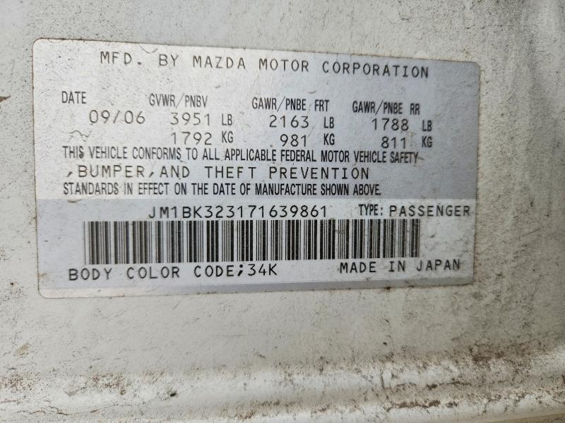 Aukcja sprzedaży 2007 Mazda 3, vin: JM1BK323171639861, numer aukcji: 46882236