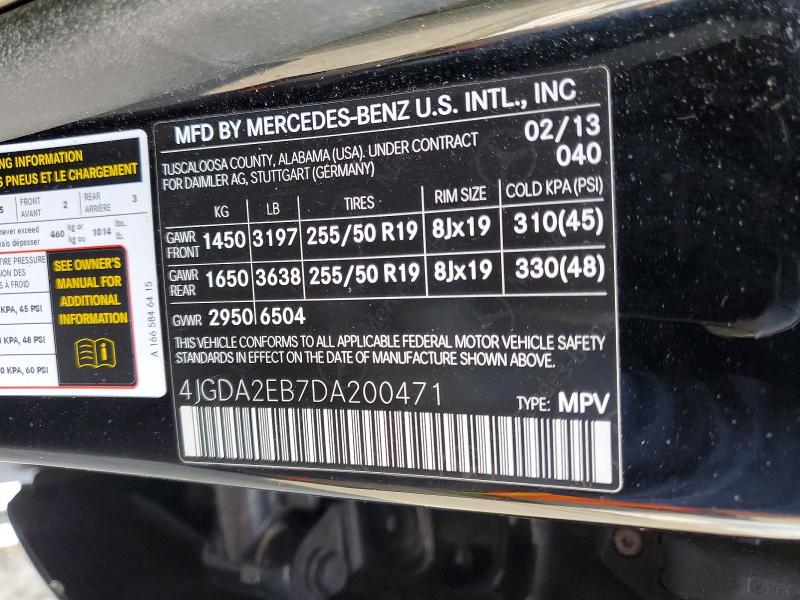 2013 Mercedes-benz Ml მანქანა იყიდება აუქციონზე, vin: 4JGDA2EB7DA200471, აუქციონის ნომერი: 46072216
