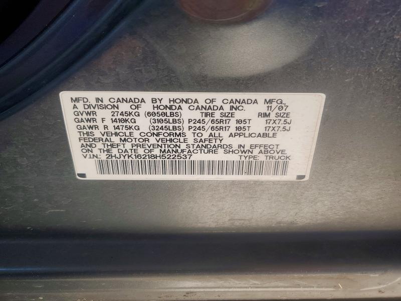 46186406 :رقم المزاد ، 2HJYK16218H522537 vin ، 2008 Honda Ridgeline مزاد بيع