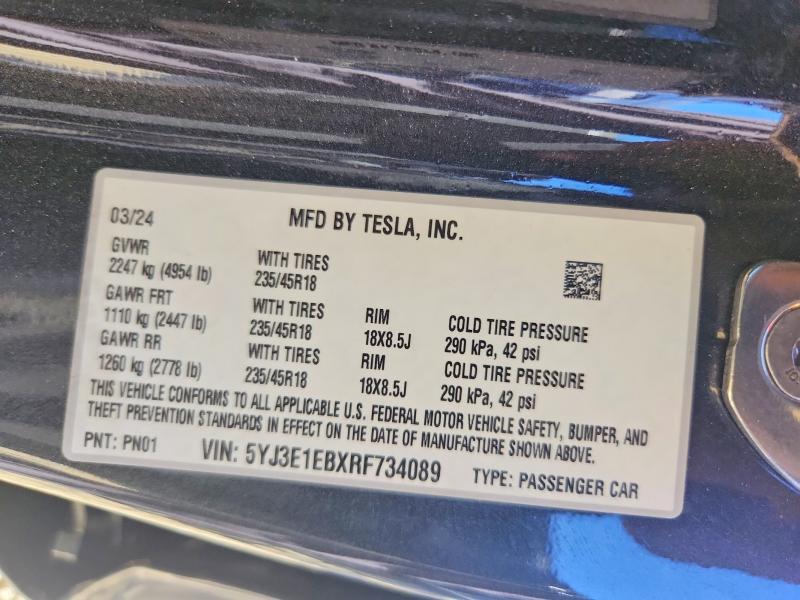 2024 Tesla Model 3 მანქანა იყიდება აუქციონზე, vin: 5YJ3E1EBXRF734089, აუქციონის ნომერი: 47938576