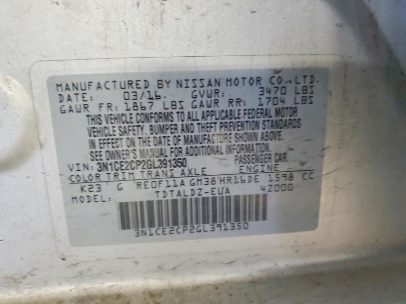 2016 Nissan Versa Note მანქანა იყიდება აუქციონზე, vin: 3N1CE2CP2GL391350, აუქციონის ნომერი: 47563966