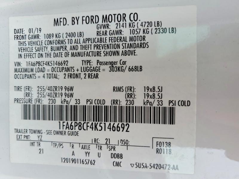 79352225 :رقم المزاد ، 1FA6P8CF4K5146692 vin ، 2019 Ford Mustang مزاد بيع