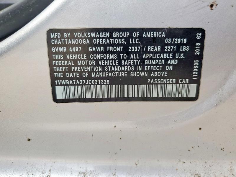 Продажа на аукционе авто 2018 Volkswagen Passat, vin: 1VWBA7A37JC031329, номер лота: 41878426