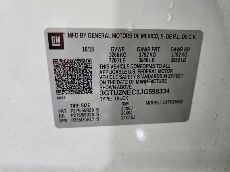 2018 Gmc Sierra მანქანა იყიდება აუქციონზე, vin: 3GTU2NEC1JG598334, აუქციონის ნომერი: 41876426