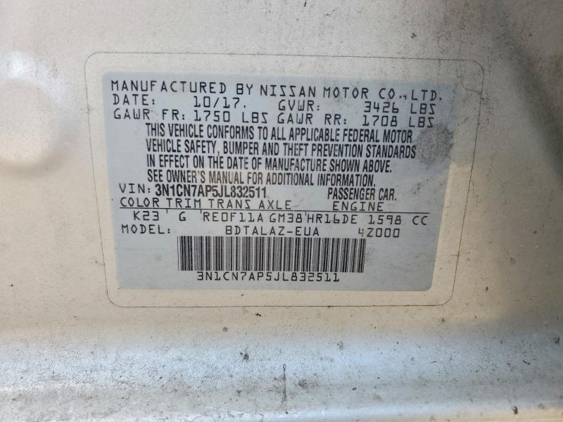 Продаж на аукціоні авто 2018 Nissan Versa, vin: 3N1CN7AP5JL832511, номер лоту: 79801395