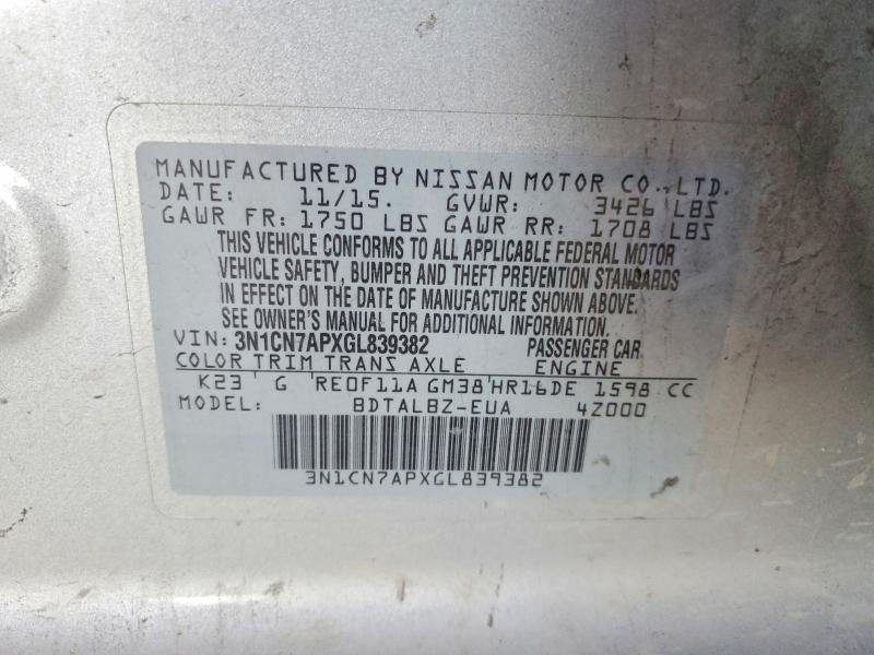 Продаж на аукціоні авто 2016 Nissan Versa, vin: 3N1CN7APXGL839382, номер лоту: 46432526