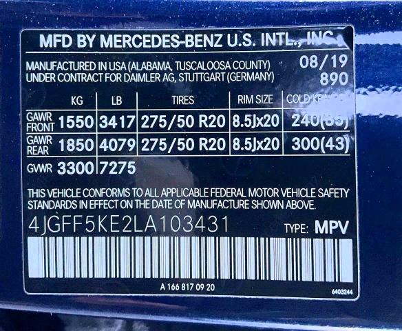 45691966 :رقم المزاد ، 4JGFF5KE2LA103431 vin ، 2020 Mercedes-benz Gls مزاد بيع