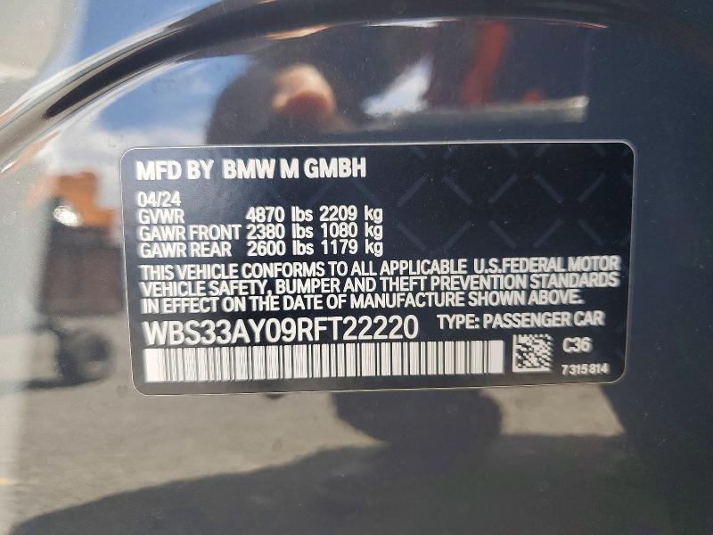 Aukcja sprzedaży 2024 Bmw M3, vin: WBS33AY09RFT22220, numer aukcji: 47656366