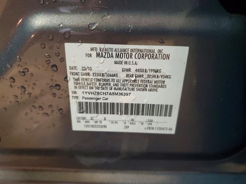 2010 Mazda 6 მანქანა იყიდება აუქციონზე, vin: 1YVHZ8CH7A5M36397, აუქციონის ნომერი: 47884666