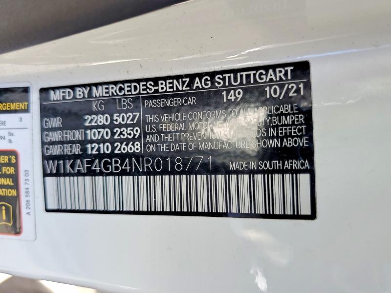 2022 Mercedes-benz C მანქანა იყიდება აუქციონზე, vin: W1KAF4GB4NR018771, აუქციონის ნომერი: 45471716