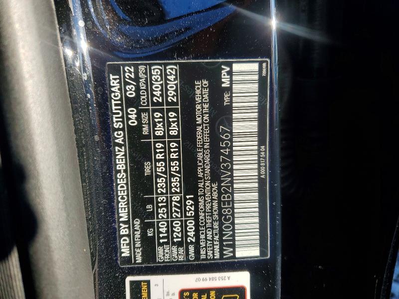 2022 Mercedes-benz Glc მანქანა იყიდება აუქციონზე, vin: W1N0G8EB2NV374567, აუქციონის ნომერი: 45805176