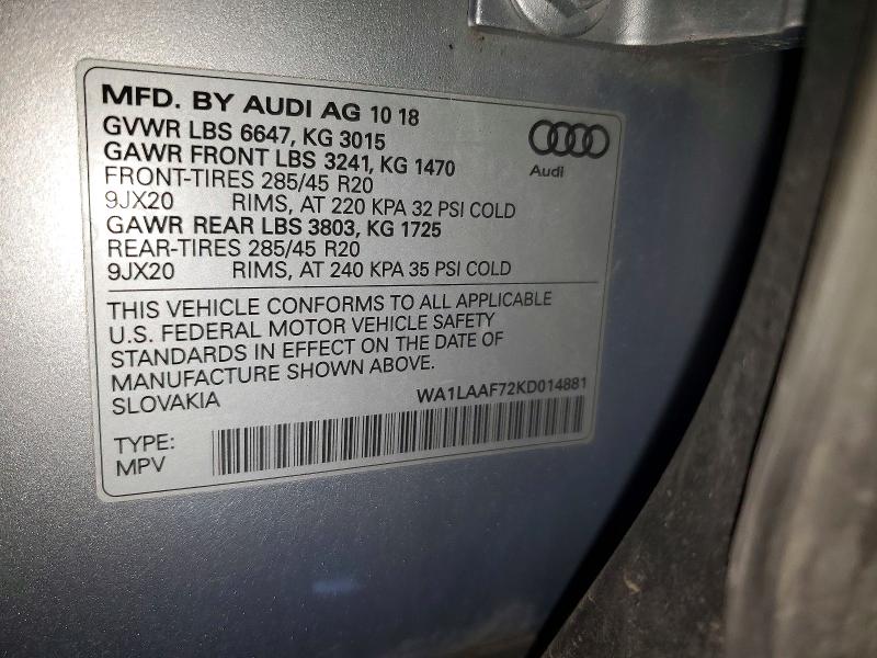 Aukcja sprzedaży 2019 Audi Q7, vin: WA1LAAF72KD014881, numer aukcji: 47205316