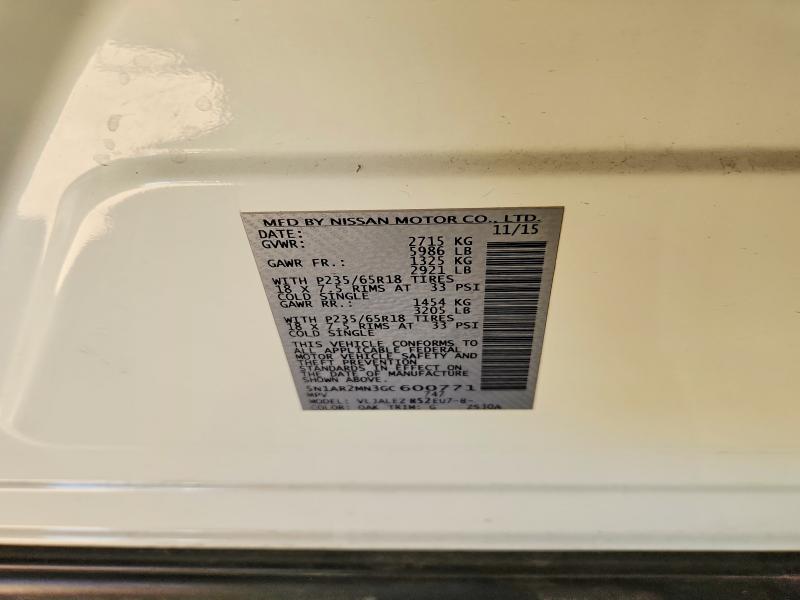 45512446 :رقم المزاد ، 5N1AR2MN3GC600771 vin ، 2016 Nissan Pathfinder مزاد بيع