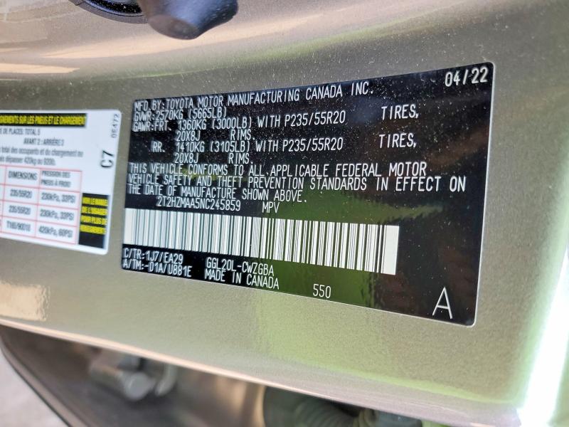 46993606 :رقم المزاد ، 2T2HZMAA5NC245859 vin ، 2022 Lexus Rx 350 مزاد بيع