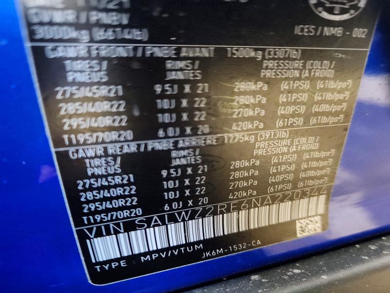 41659156 :رقم المزاد ، SALWZ2RE6NA220344 vin ، 2022 Land Rover Range Rover Sport مزاد بيع