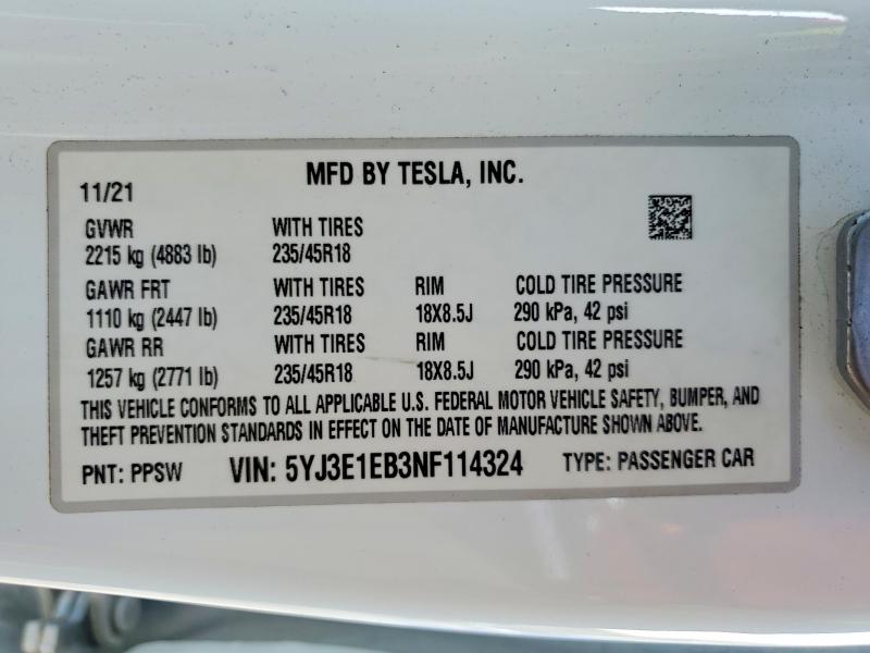 Aukcja sprzedaży 2022 Tesla Model 3, vin: 5YJ3E1EB3NF114324, numer aukcji: 47554806