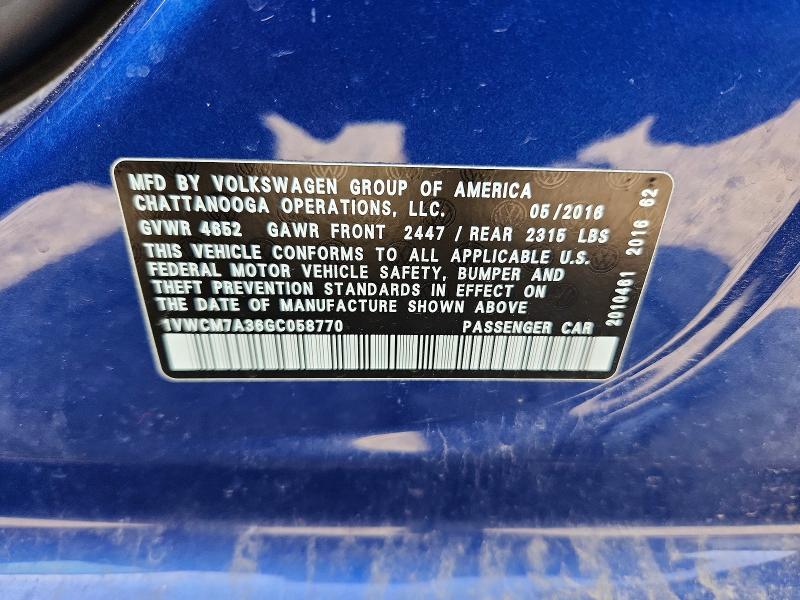 Aukcja sprzedaży 2016 Volkswagen Passat, vin: 1VWCM7A36GC058770, numer aukcji: 46022456