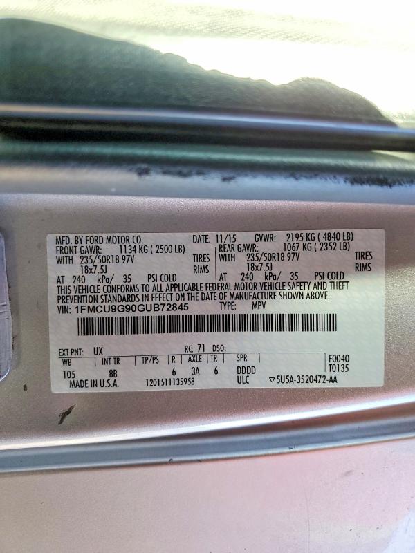 2016 Ford Escape მანქანა იყიდება აუქციონზე, vin: 1FMCU9G90GUB72845, აუქციონის ნომერი: 46492596