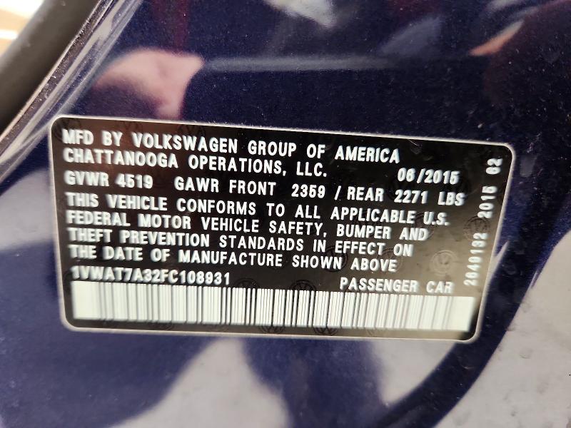 Продаж на аукціоні авто 2015 Volkswagen Passat, vin: 1VWAT7A32FC108931, номер лоту: 47626346