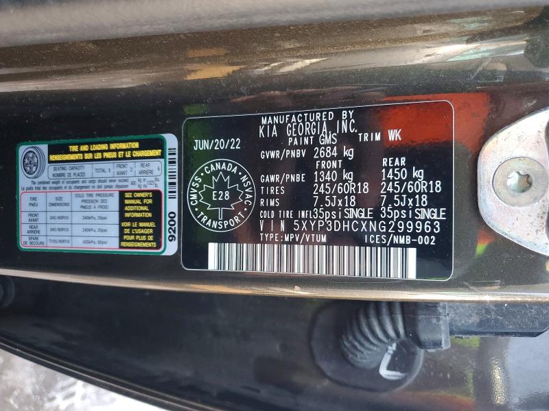78860215 :رقم المزاد ، 5XYP3DHCXNG299963 vin ، 2022 Kia Telluride مزاد بيع