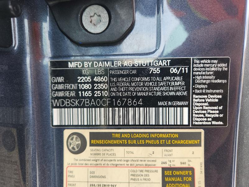 48334946 :رقم المزاد ، WDBSK7BA0CF167864 vin ، 2012 Mercedes-benz Sl مزاد بيع