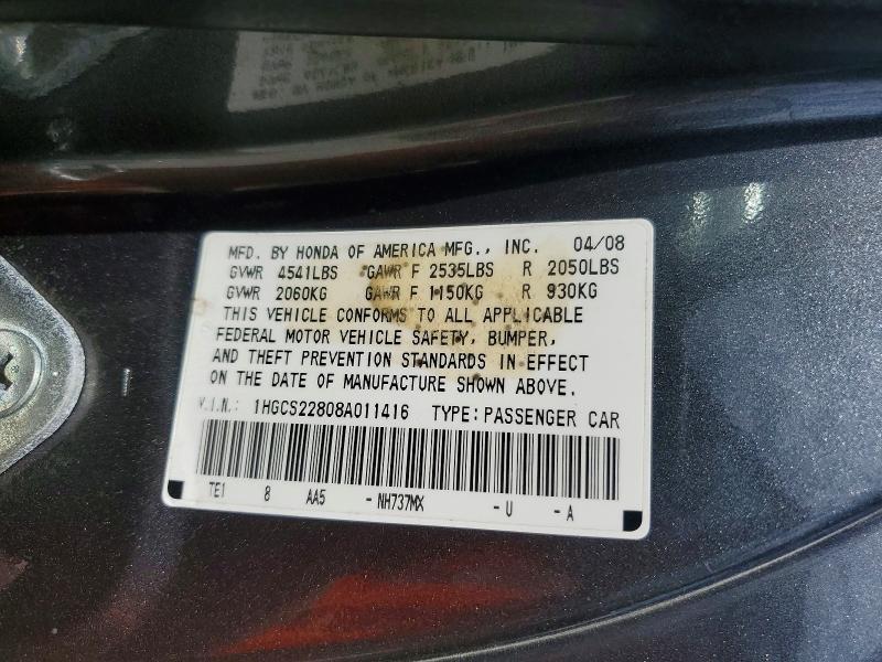 47870636 :رقم المزاد ، 1HGCS22808A011416 vin ، 2008 Honda Accord مزاد بيع