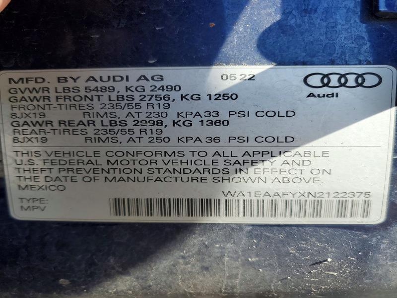 Продаж на аукціоні авто 2022 Audi Q5, vin: WA1EAAFYXN2122375, номер лоту: 46713126