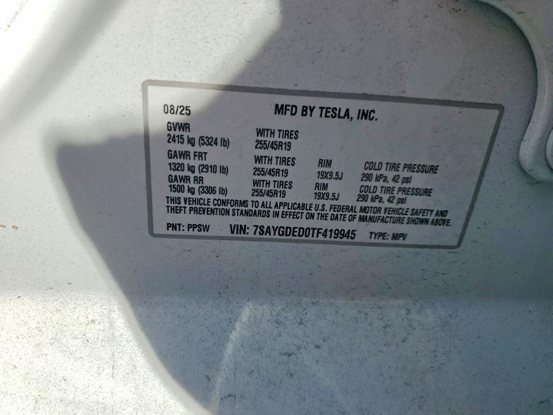 Aukcja sprzedaży 2026 Tesla Model Y, vin: 7SAYGDED0TF419945, numer aukcji: 47783156