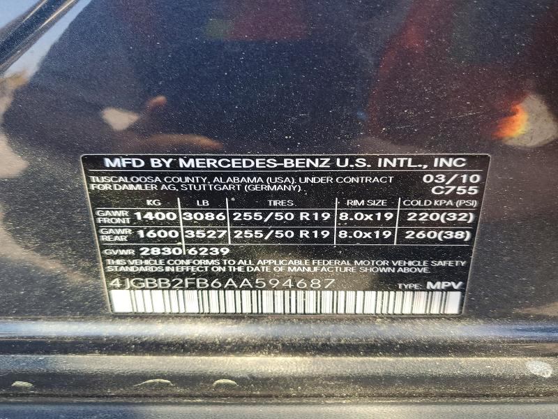 47032216 :رقم المزاد ، 4JGBB2FB6AA594687 vin ، 2010 Mercedes-benz Ml مزاد بيع