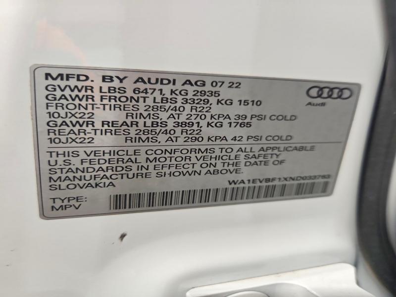 45609666 :رقم المزاد ، WA1EVBF1XND033763 vin ، 2022 Audi Q8 مزاد بيع