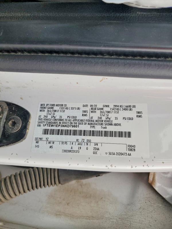Aukcja sprzedaży 2022 Ford F150, vin: 1FTEW1EP3NKD79801, numer aukcji: 79248455