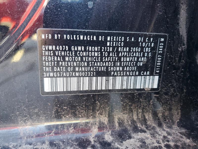 46567976 :رقم المزاد ، 3VWG57AU7KM002321 vin ، 2019 Volkswagen Golf مزاد بيع