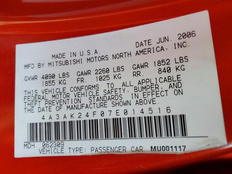 Продаж на аукціоні авто 2007 Mitsubishi Eclipse, vin: 4A3AK24F07E014516, номер лоту: 42071726