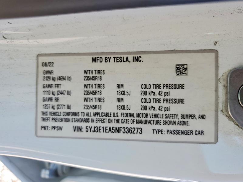 41772876 :رقم المزاد ، 5YJ3E1EA5NF336273 vin ، 2022 Tesla Model 3 مزاد بيع