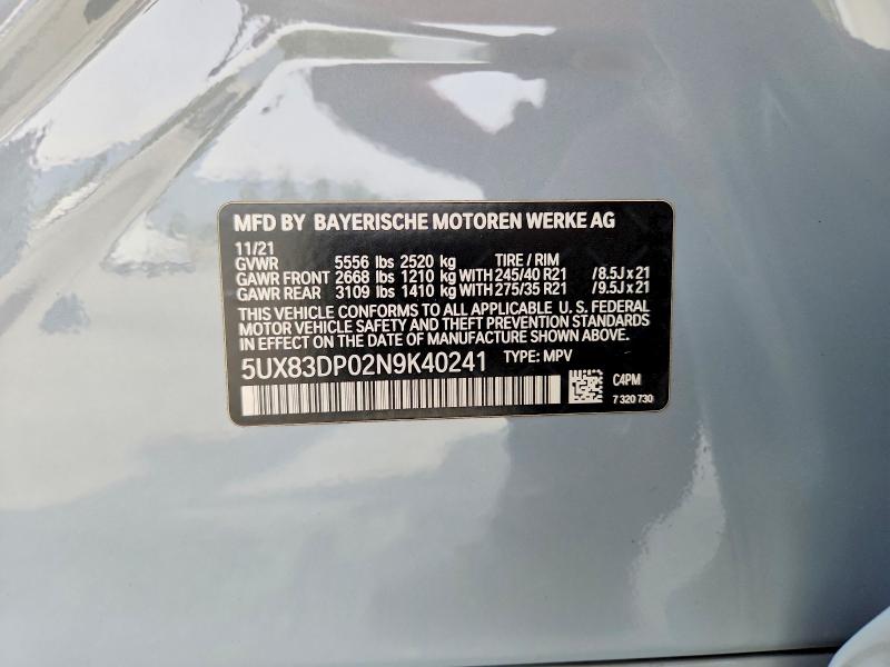 47902086 :رقم المزاد ، 5UX83DP02N9K40241 vin ، 2022 Bmw X3 مزاد بيع