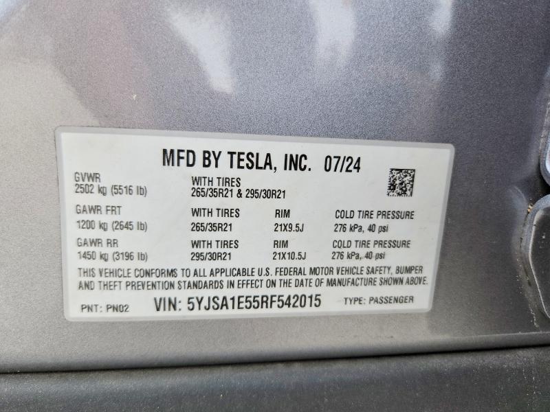 2024 Tesla Model S მანქანა იყიდება აუქციონზე, vin: 5YJSA1E55RF542015, აუქციონის ნომერი: 47907946