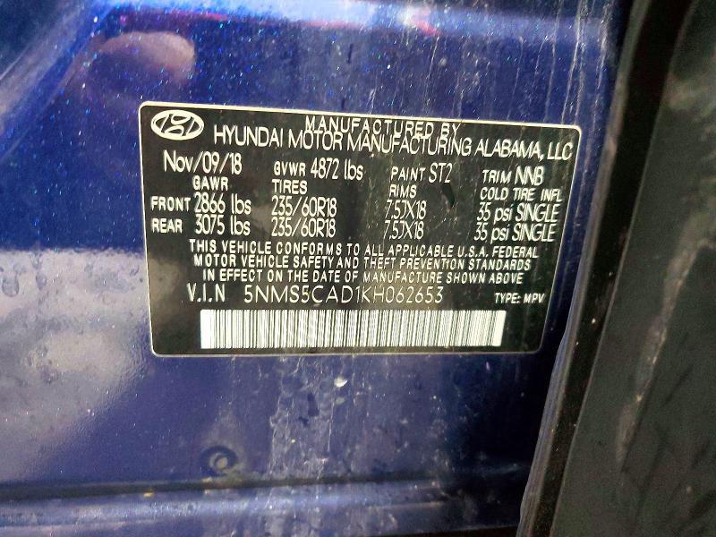 79088195 :رقم المزاد ، 5NMS5CAD1KH062653 vin ، 2019 Hyundai Santa Fe مزاد بيع