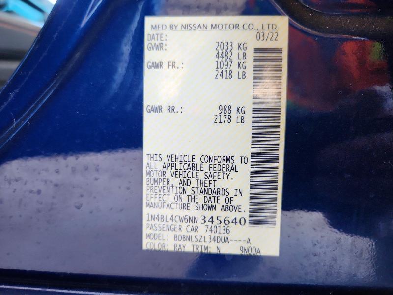 46152726 :رقم المزاد ، 1N4BL4CW6NN345640 vin ، 2022 Nissan Altima مزاد بيع
