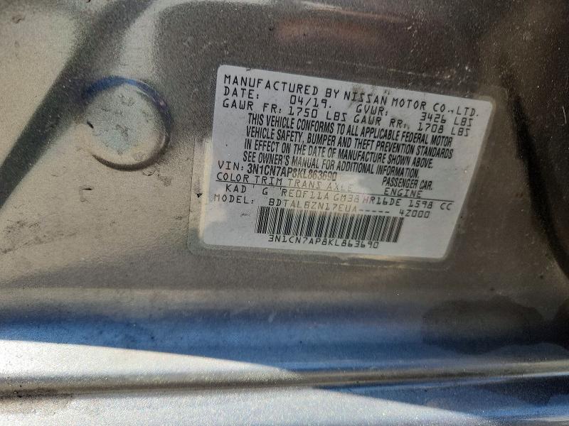 47034986 :رقم المزاد ، 3N1CN7AP8KL863690 vin ، 2019 Nissan Versa مزاد بيع