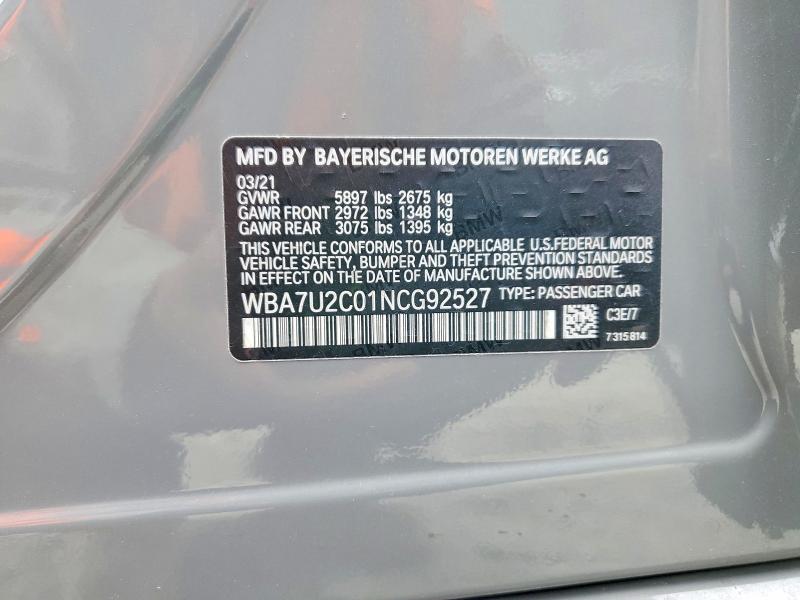 Aukcja sprzedaży 2022 Bmw 750, vin: WBA7U2C01NCG92527, numer aukcji: 47955966