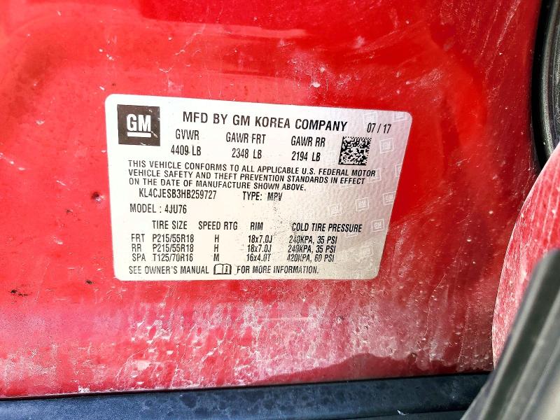 Aukcja sprzedaży 2017 Buick Encore, vin: KL4CJESB3HB259727, numer aukcji: 41780956