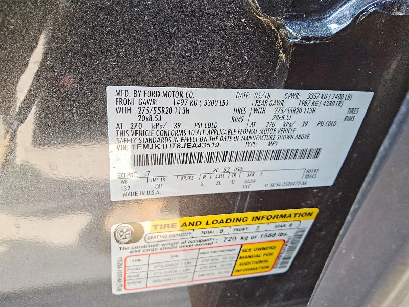 93327305 :رقم المزاد ، 1FMJK1HT8JEA43519 vin ، 2018 Ford Expedition مزاد بيع
