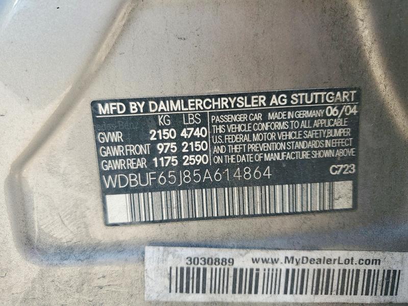Aukcja sprzedaży 2005 Mercedes-benz E, vin: WDBUF65J85A614864, numer aukcji: 47593176