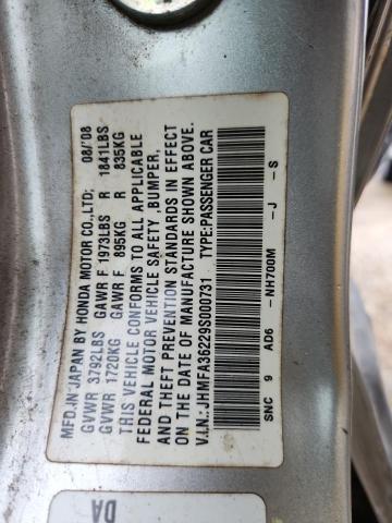 46020946 :رقم المزاد ، JHMFA36229S000731 vin ، 2009 Honda Civic مزاد بيع