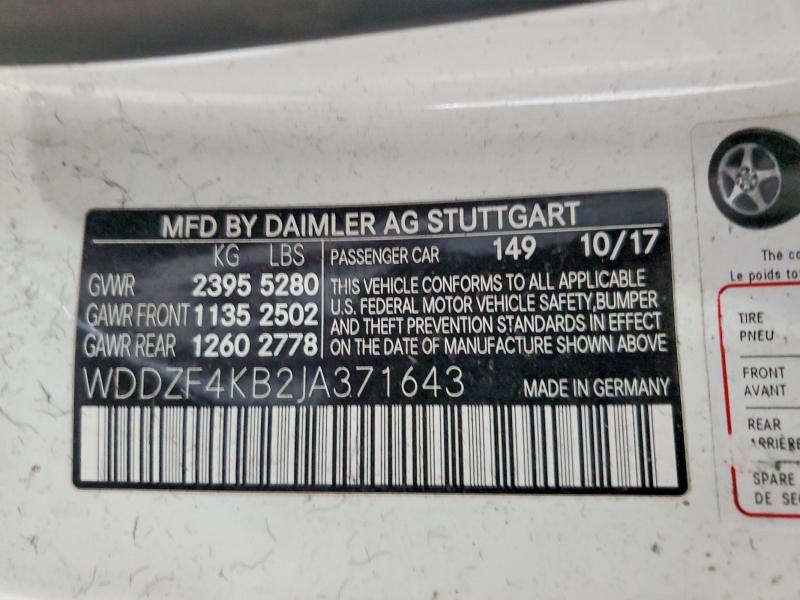 2018 Mercedes-benz E მანქანა იყიდება აუქციონზე, vin: WDDZF4KB2JA371643, აუქციონის ნომერი: 47654386